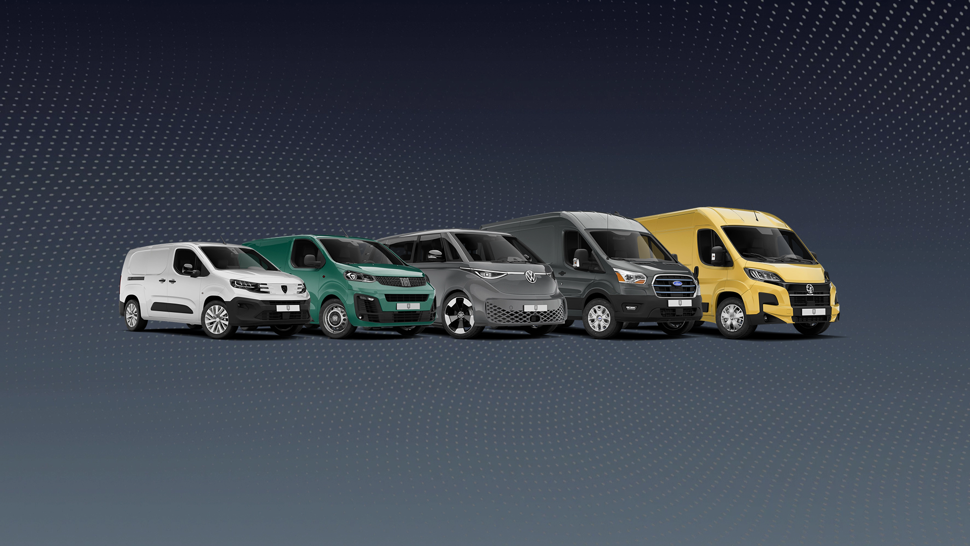 A line-up of multicoloured vans against a dark backdrop, showcasing van leasing options.