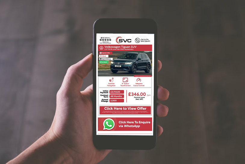 An image showing a person holding a SmartPhone and the Stable Vehicle Contracts mailer