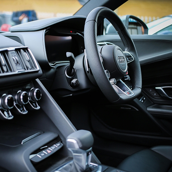 Close-up of an Audi steering wheel and front console