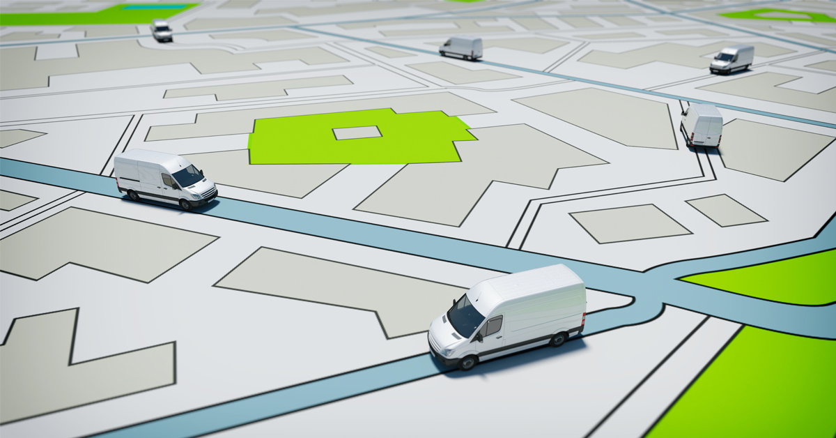 An image show a map and vans on the map driving