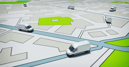An image show a map and vans on the map driving