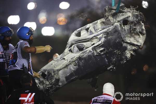 The remains of Grosjean's cockpit in which he spent 18 seconds trapped inside.