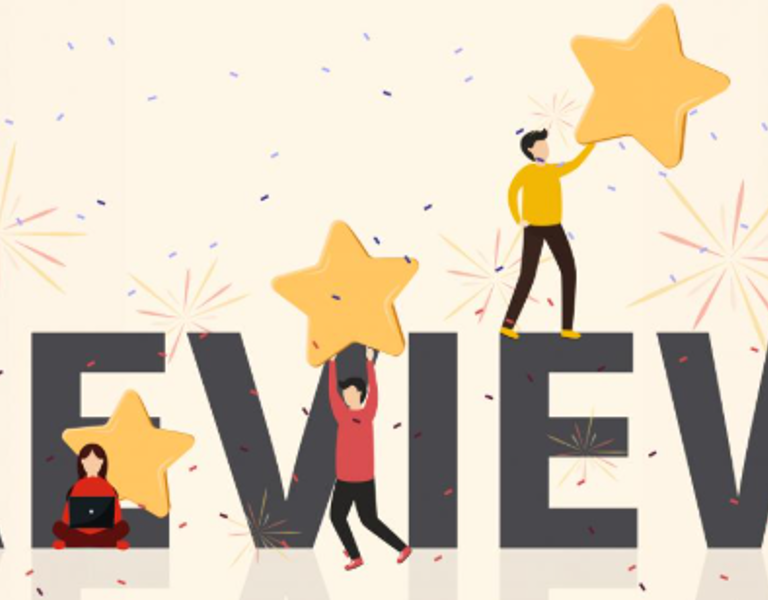 A picture of the word review and stars