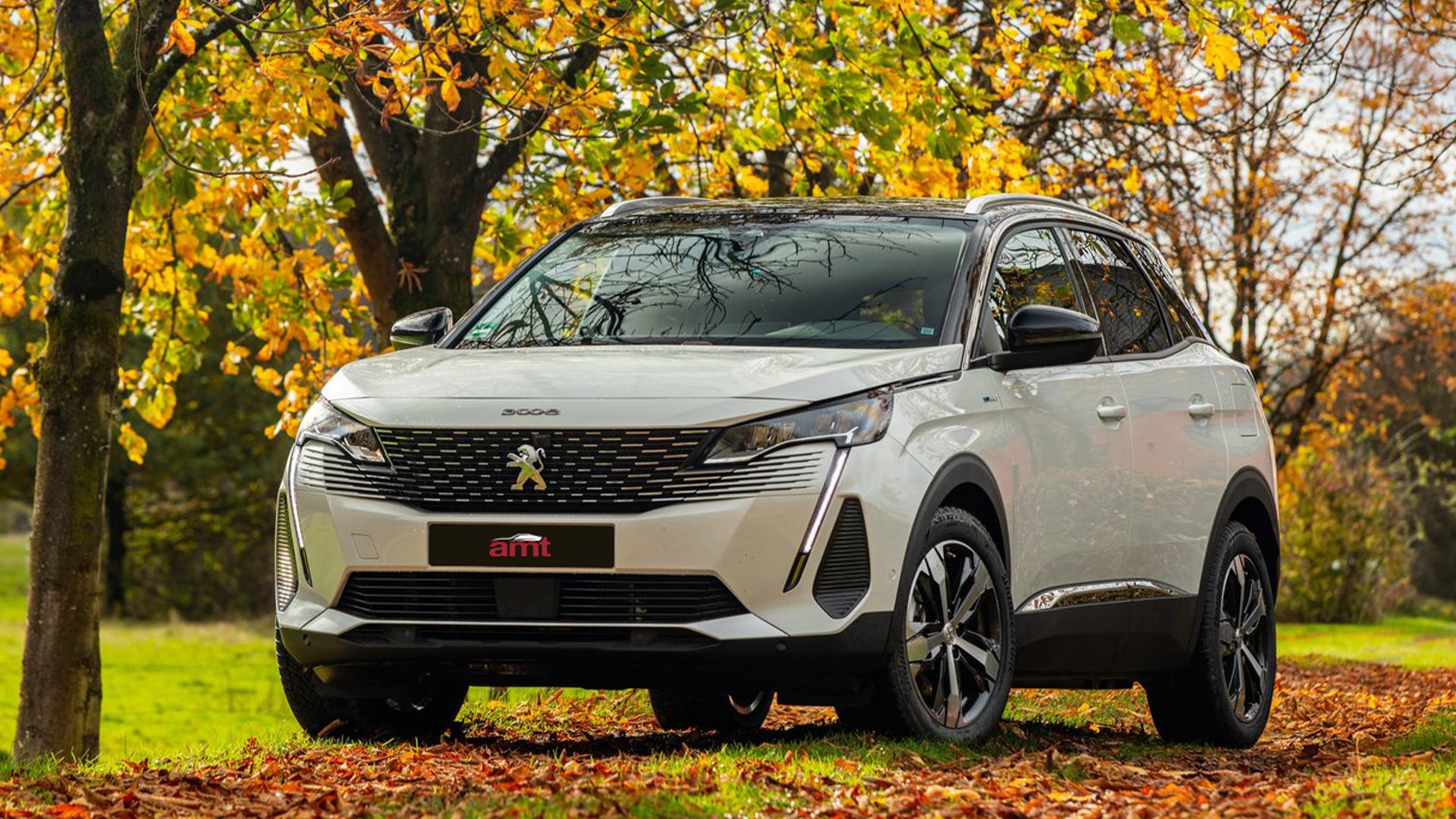 2024 Peugeot 3008 SUV in white showcased in an autumn setting, illustrating style and versatility in AMT's expert review.