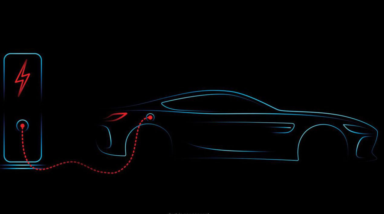 Outline of a high-performance electric car charging at a station, representing flagship EV innovation.