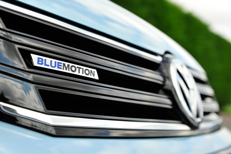 An image showing the Bluemotion Technology logo on a Volkswagen Passat