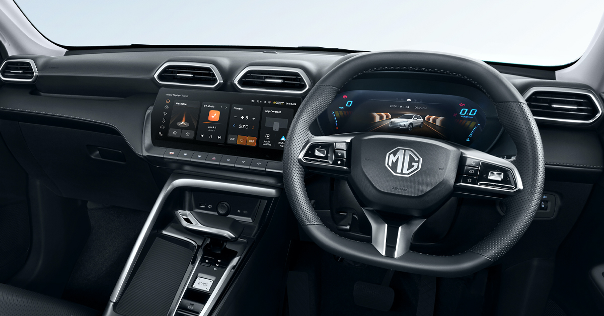 An image showing the all-new 2024 MG ZS Hybrid+ SUV interior dashboard area and steering wheel