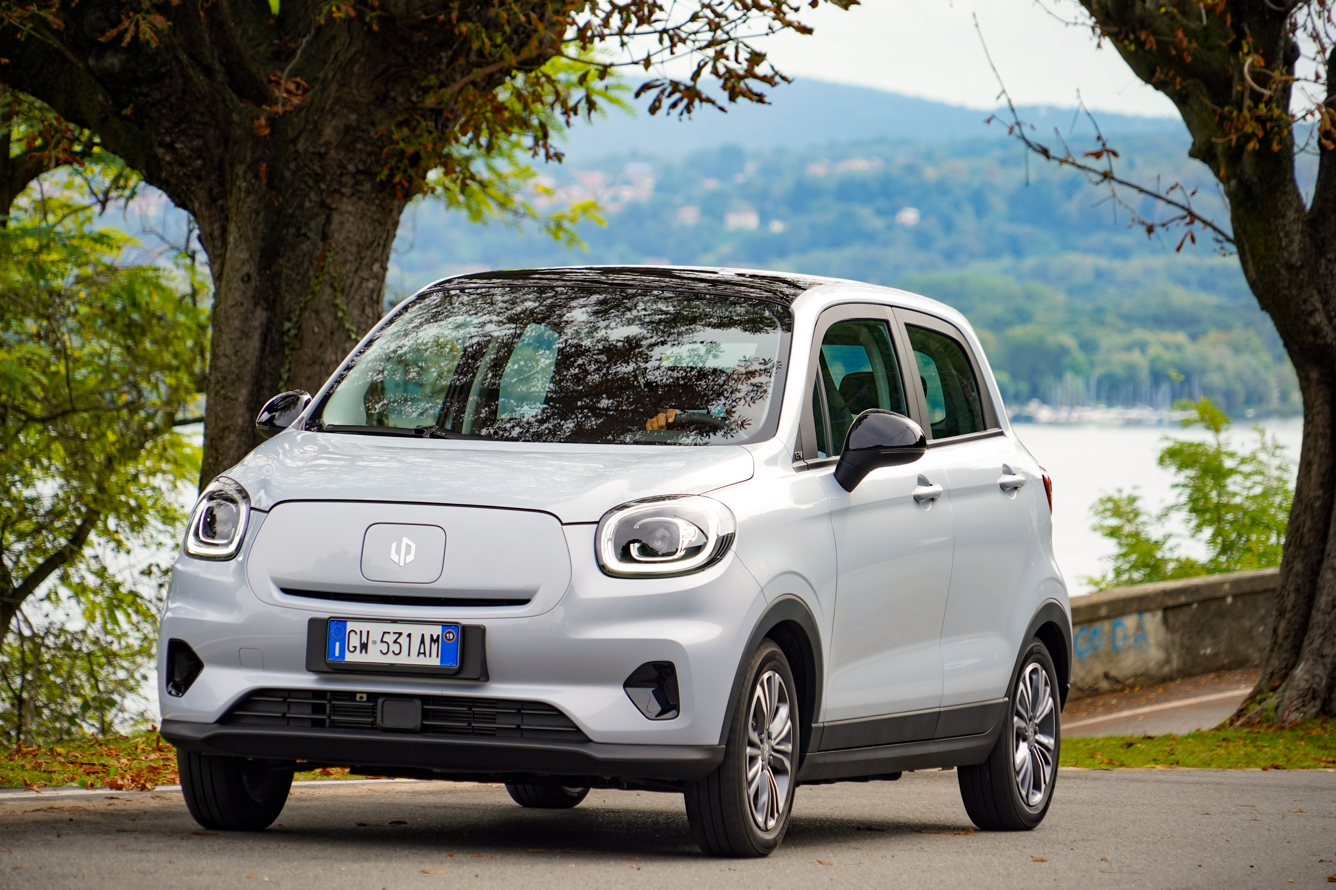 Leapmotor T03 driving through a tree lined street.