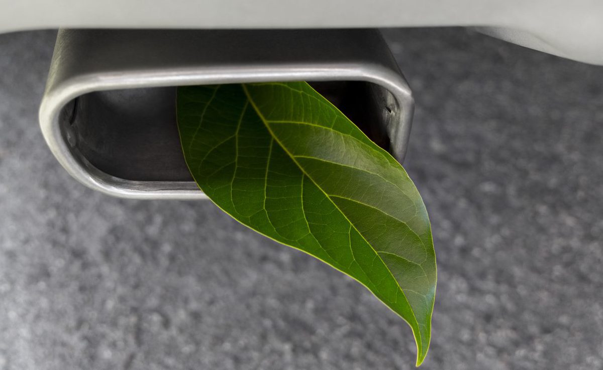 Close-up of a green leaf inside a car exhaust pipe symbolising reduced vehicle emissions under Euro 6 standards.