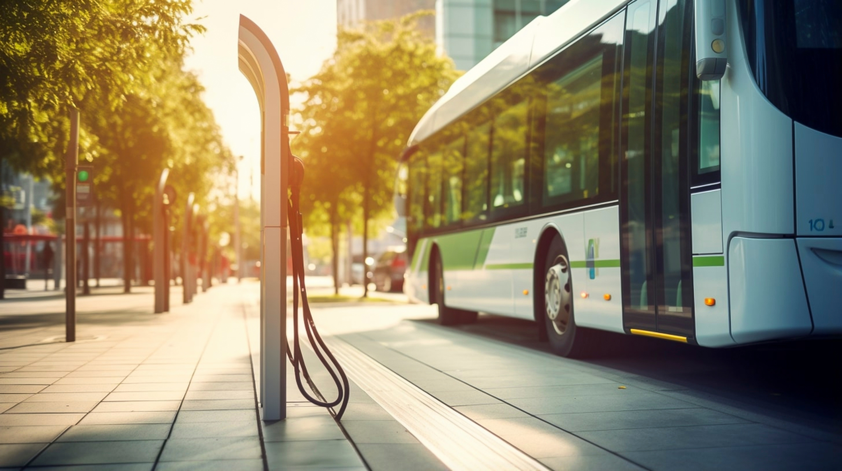 An electric bus parked next to EV charge point.
