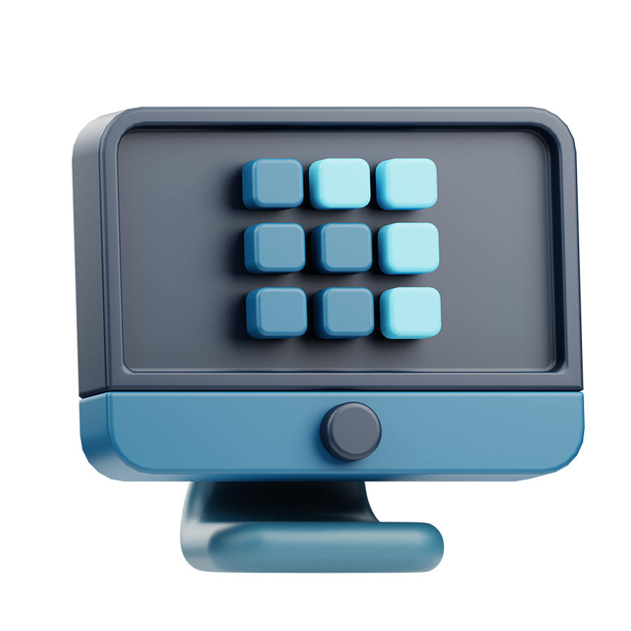 3D Computer with blue block squares